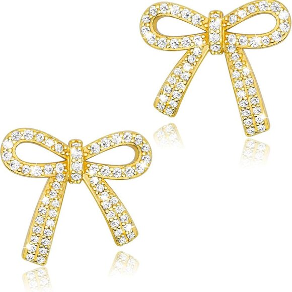 Jewelry - Gold Silver Sparkly Cubic Zirconia Bow Stud Earrings for Women - Elegant Jewelry
